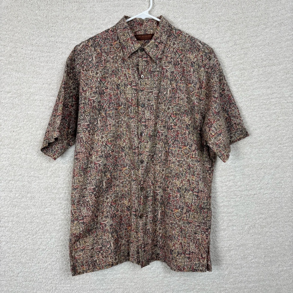 Tori Richards Honolulu Shirt Mens Med Brown Red Tiki Tribal 100% Cotton Button